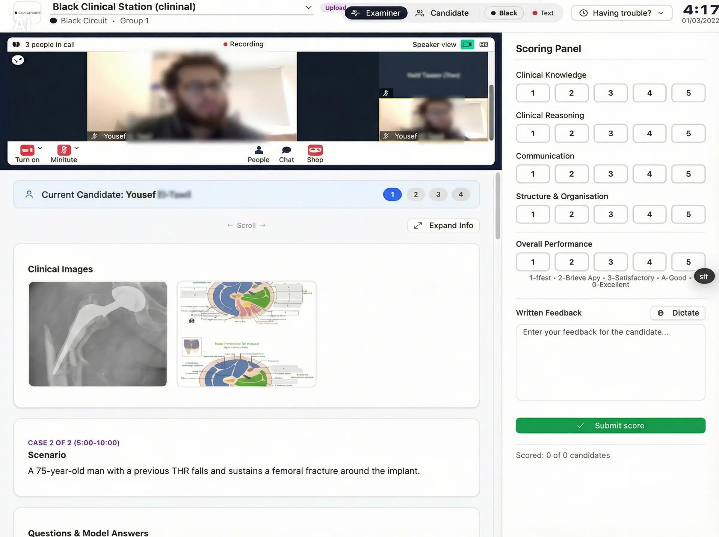 Examiner live station view showing video, clinical images, scenario, and scoring panel.